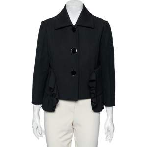 Marni Black Textured Cotton Ruffled Trim Detailed Button Front Jacket M