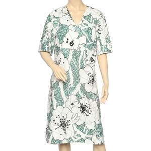 Marni White Floral Printed Cotton V-Neck Midi Dress L