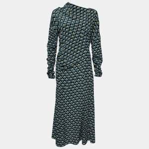 Marni Green Printed Silk Gathered Detail Draped Dress M
