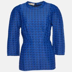 Marni Royal Blue Houndstooth Jacquard Peplum Top M