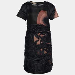 Marni Vintage Dark Grey Silk Wool Floral Applique Shift Dress M