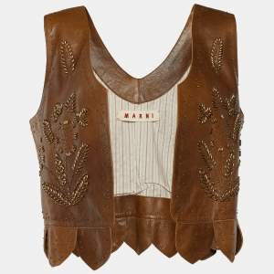 Marni Brown Leather Beads Embellished Crop Vest M