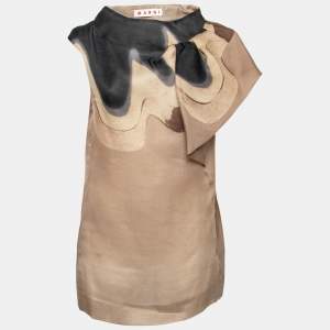 Marni Brown & Black Print Silk Ruffled Detail Top M