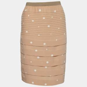 Marni Beige Polka Dot Print Silk Pin Tuck Detail Pencil Skirt S