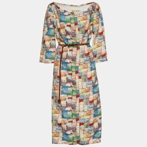 Pre Owned Marni Multicolor Printed Cotton & Linen Open Front Long Shrug M