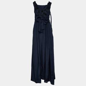 Marni Navy Blue Silk Applique Detail Belted Sleeveless Maxi Dress M