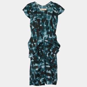 Pre Owned Marni Dark Green Printed Cotton Ruched Oversized Dress L