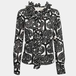 Marni Black Printed Cotton Ruffled Trim Detail Button Front Shirt S