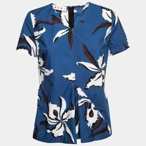 Marni Blue Floral Printed Cotton Short Sleeve Top M