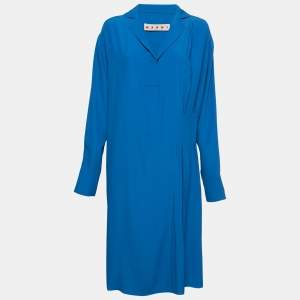 Marni Blue Crepe Pleated Collared Midi Dress S