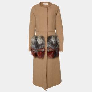 Marni Beige Wool & Fox Fur Pocket Detail Long Coat L