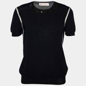 Marni Black Rib Knit Embellished Neck Detail Sweater Top S
