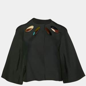 Marni Dark Green Wool & Silk Embellished Neck Open Front Cropped Jacket S