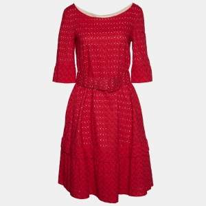 Pre Owned Marni Red Embroidered Cotton Belted Midi Dress S