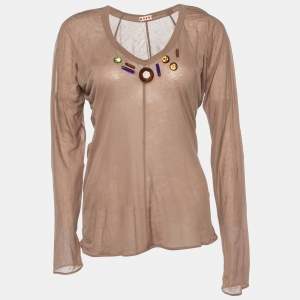 Marni Brown Cotton knit Embellished Detail Long Sleeve Top L
