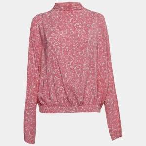 Marni Pink Floral Print Silk High Neck Long Sleeve Blouse S