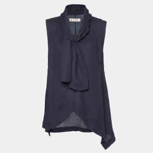 Marni Midnight Blue Crepe Draped Collar Sleeveless Top S