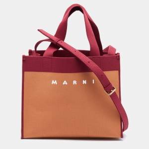Marni Burgundy/Brown Jacquard Canvas Logo Tote