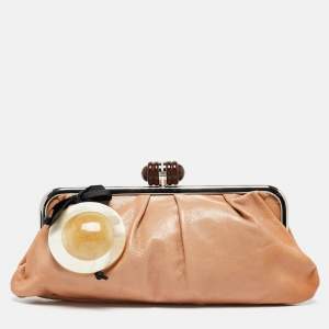 Marni Brown Leather Embellished Frame Clutch