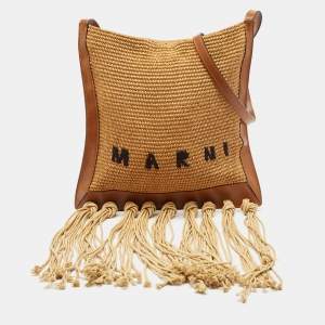 Marni Beige/Brown Leather and Raffia Fringe Shoulder Bag