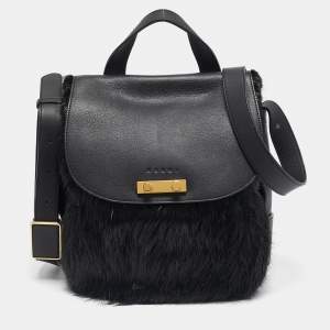 Marni Black Nutria Fur and Leather Messenger Bag