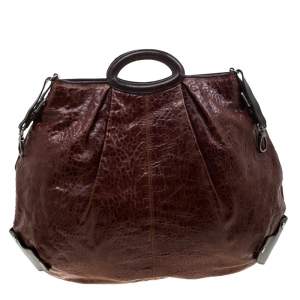 Marni Brown Croc Embossed Glaze Leather Balloon Hobo
