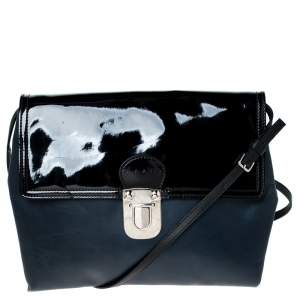 Marni Navy Blue/Black Leather and Patent Leather Flap Crossbody Bag