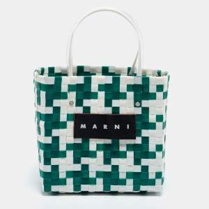 Marni Green/White Woven Straw Market Bastet Tote