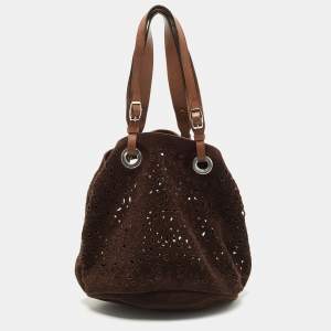 Marni Dark Brown Suede and Leather Lasercut Hobo