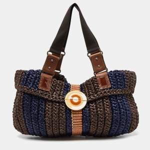 Marni Brown/Blue Woven Straw and Leather Round Lock Tote