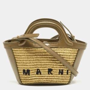 Marni Olive Green Leather and Raffia Micro Tropicalia Bag