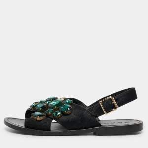 Marni Black Calf Hair Embellished Flat Slingback Sandals Size 37