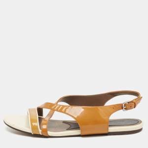 Marni Brown/Cream Patent Leather Slingback Flat Sandals Size 38