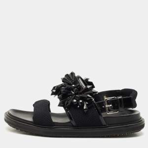 Marni Black Fabric and Patent Embellished Flat Slingback Sandals Size 38