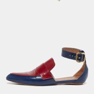 Pre Owned Marni Sabot Size 38.5 Navy Blue/Burgundy Leather Ankle Strap Flats