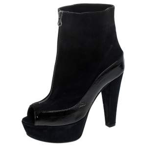 Marni Black Suede And Patent Leather Peep Toe Boots Size 37.5