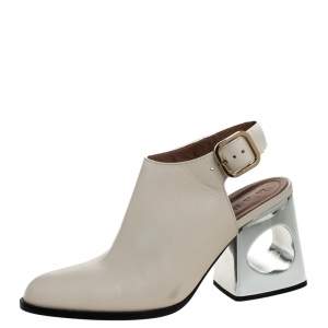 Pre Owned Marni Cream Leather Pointed Toe Contrast Block Heel Slingback Sandals Size 38.5