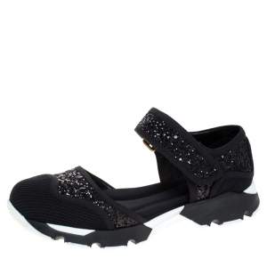 Marni Black Mesh and Glitter Mary Jane Sneakers Size 36