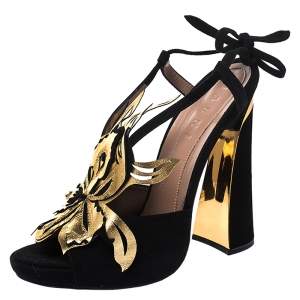 Pre Owned Marni Black/Gold Leather and Suede Floral Sandals Size 39.5