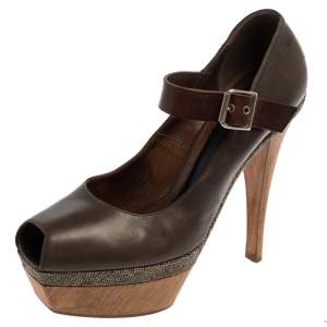 Marni Grey Leather Mary Jane Peep Toe Platform Pumps Size 39