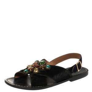 Marni Black Calf Hair Embellished Flat Slingback Sandals Size 39.5