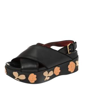 Marni Black Leather Cross Strap Floral Platform Sandals Size 39