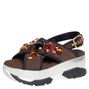 Marni Brown Fabric Jewel Embellished Crisscross Platform Sandals Size 39