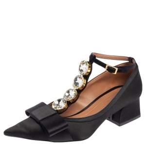 Pre Owned Marni Black Satin Embellished Block Heel Pumps Size 38