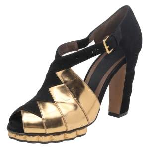 Pre Owned Marni Black-Gold Suede And Patent Leather Sandals Size 39.5