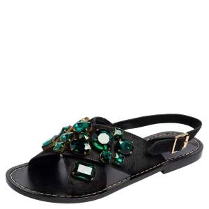 Marni Black Calf Hair Crystal Embellished Flat Sandals Size 41