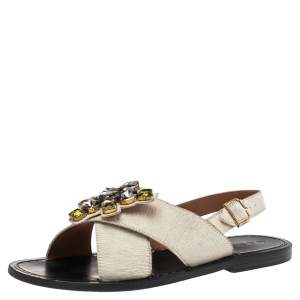 Pre Owned Marni White Calf Hair  Cross Strap Embellished Slingback Flat Sandals Size 41