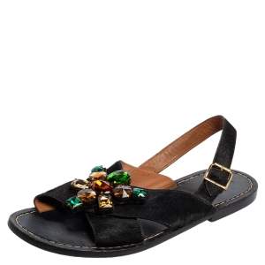 Pre Owned Marni Black Calf Hair Embellished Cross Strap Slingback Flat Sandals Size 41