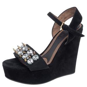 Pre Owned Marni Black Suede and Fabric Embellished Crystals Platform Wedge Sandals Size 37