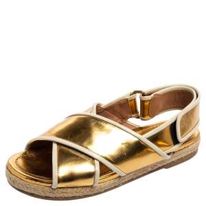 Pre Owned Marni Metallic Gold Leather Espadrille Flat Sandals Size 37